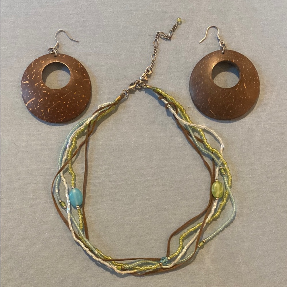 Brown and Green Teal Beaded Necklace and Earring Set